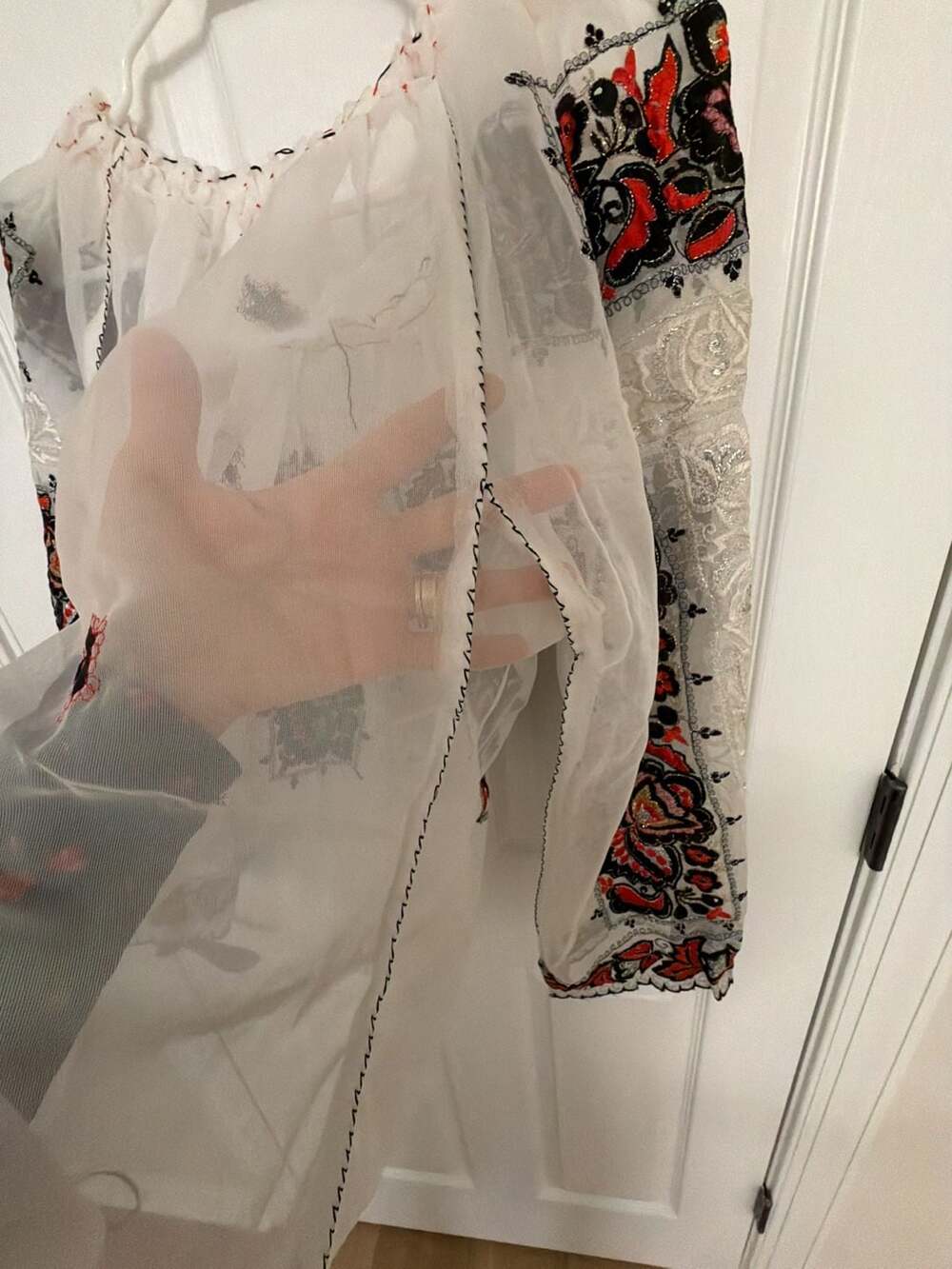 Vintage Sheer Embroidered Peasant Blouse White Floral Folk Style - Picture 11 of 11